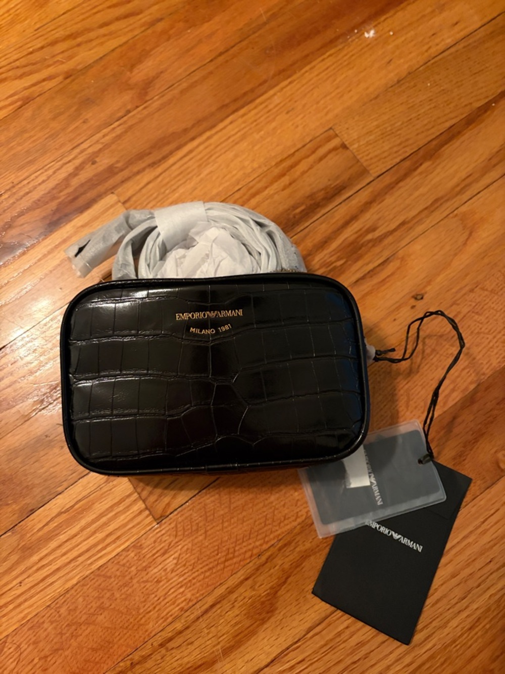 Emporio Armani Black Croc-Embossed Belt Bag with Gold Logo